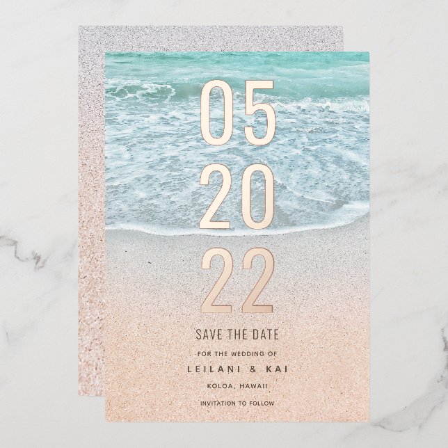Tropical Ocean & Sandy Beach Save the Date Foil In Invitation (Front/Back)