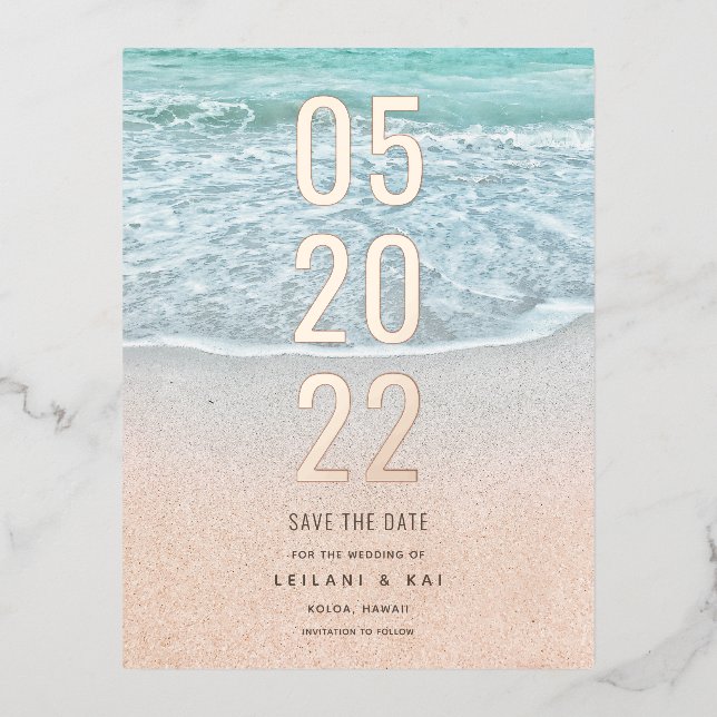 Tropical Ocean & Sandy Beach Save the Date Foil Invitation Postcard (Front)