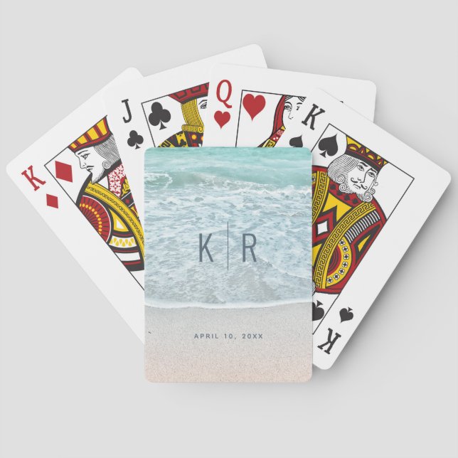Tropical Ocean & Sandy Beach Wedding Monogram Poker Cards (Back)