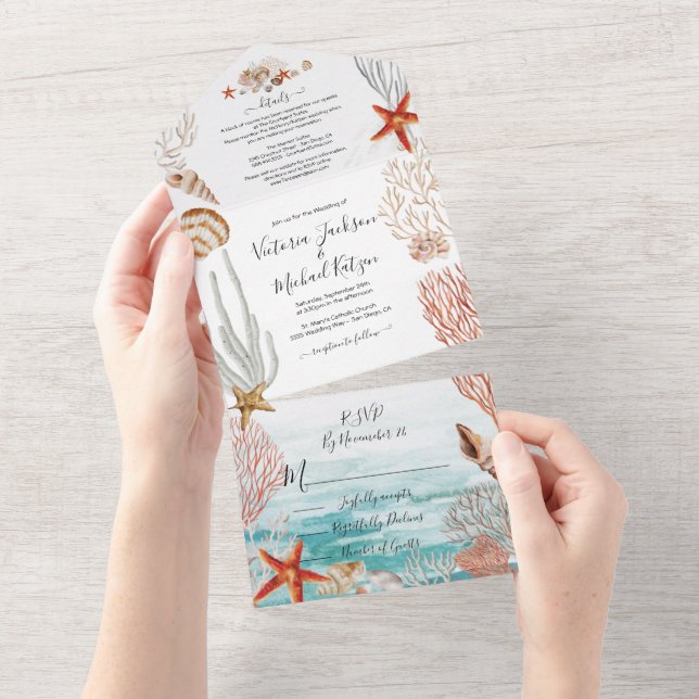 Tropical Ocean Seashell and Coral Beach Wedding All In One Invitation (Tearaway)