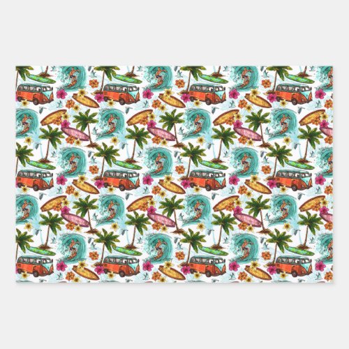 Tropical Ocean Summer Surfer Kombi Van Adventure Wrapping Paper Sheets