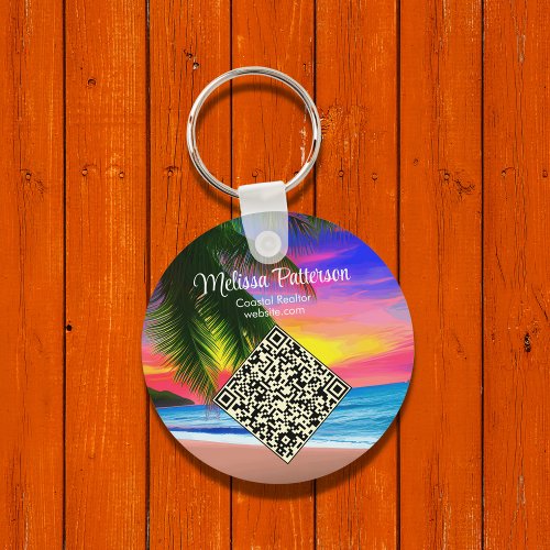 Tropical Ocean Sunrise Promotional QR Code Keychain