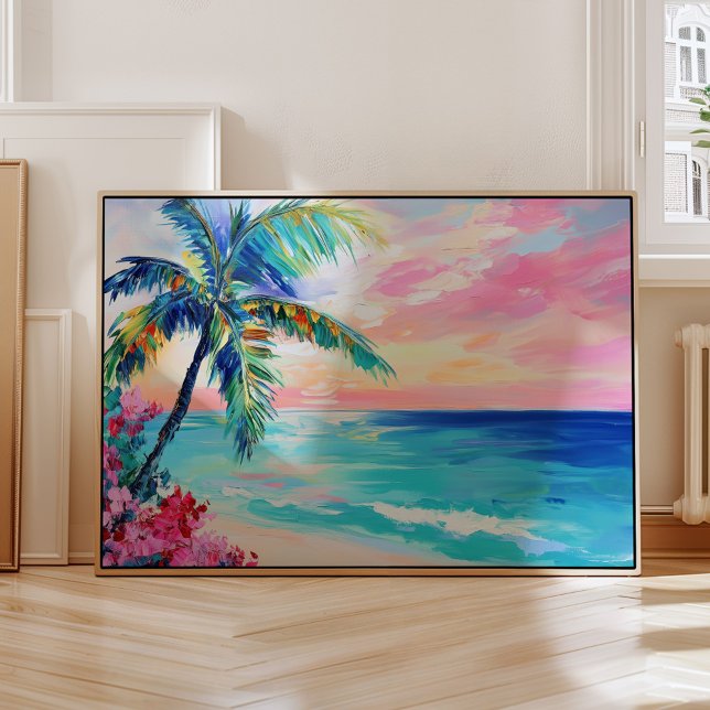 Tropical Ocean Sunset Art, Palm Tree Poster (Creator Uploaded)