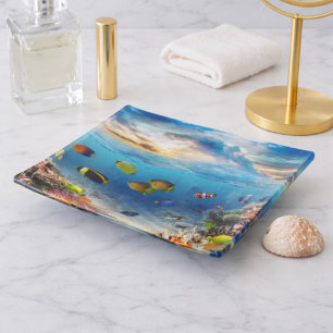 Tropical Ocean Sunset Coral Reef Underwater Trinket Tray