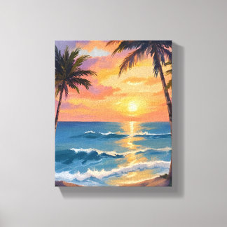 Tropical Ocean Sunset Palm Tree Watercolor Canvas Print