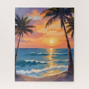 Tropical Ocean Sunset Palm Tree Watercolor Jigsaw Puzzle