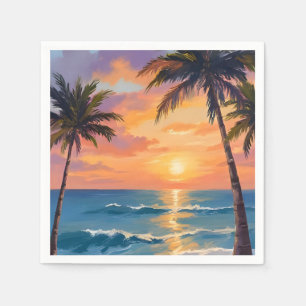 Tropical Ocean Sunset Palm Tree Watercolor Napkins