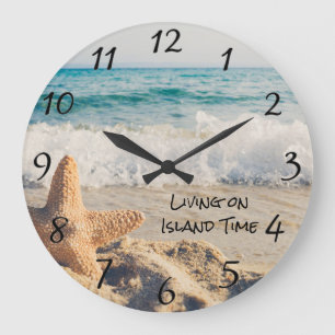 Tropical Ocean View Beach Life Starfish Waves Large Clock