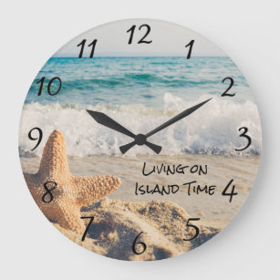 Tropical Ocean View Beach Life Starfish Waves Large Clock