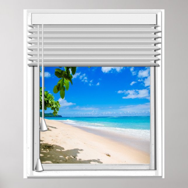 Tropical Ocean View Faux Window With Blinds Poster (Front)