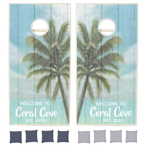 Tropical Ocean View Palm Tree Beach House Name Cornhole Set