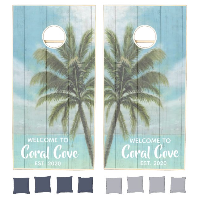Tropical Ocean View Palm Tree Beach House Name Cornhole Set (Set)