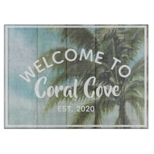 Tropical Ocean View Palm Tree Beach House Name  Cutting Board