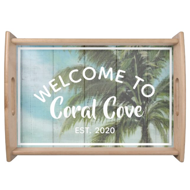Tropical Ocean View Palm Tree Beach House Name  Serving Tray (Front)