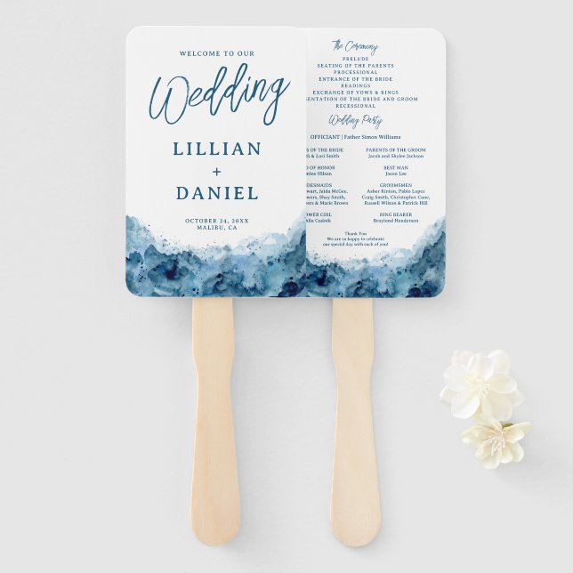 Tropical Ocean Watercolor Wedding Program Hand Fan (Front and Back)