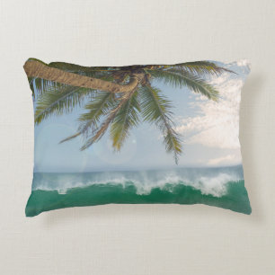 Tropical Ocean Wave and Coconut Palm Tree Accent Pillow
