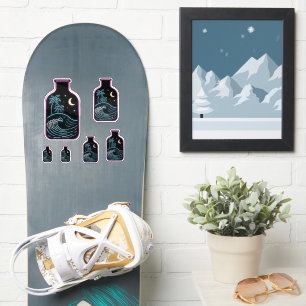 Tropical Ocean Wave Night Bottle Crescent Moon Sticker