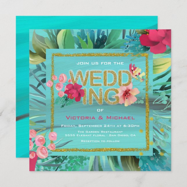 Tropical Ocean Waves Gold Glitter Wedding Card (Front/Back)