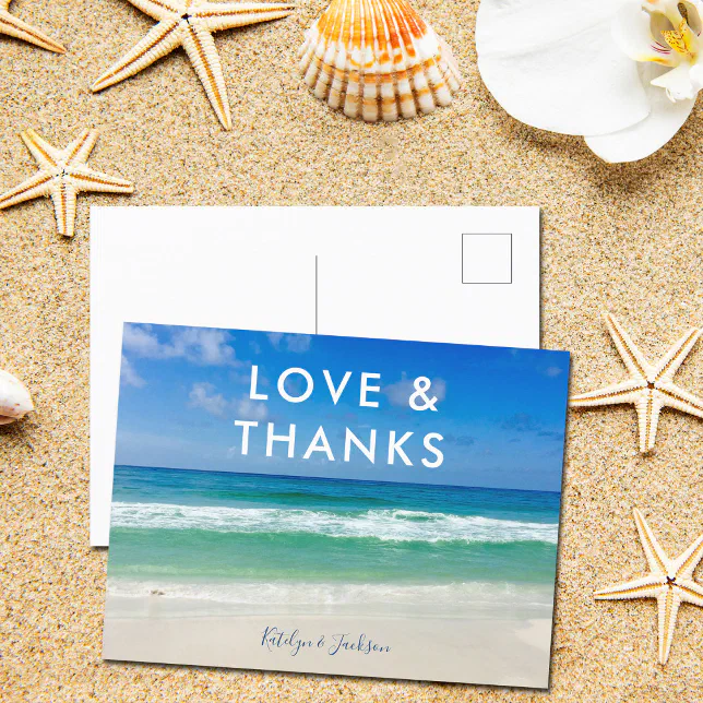 Tropical Ocean Waves Love & Thanks Beach Wedding Postcard | Zazzle