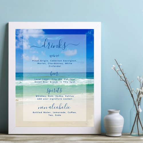 Tropical Ocean Waves Photo Beach Bar Drinks Menu Poster