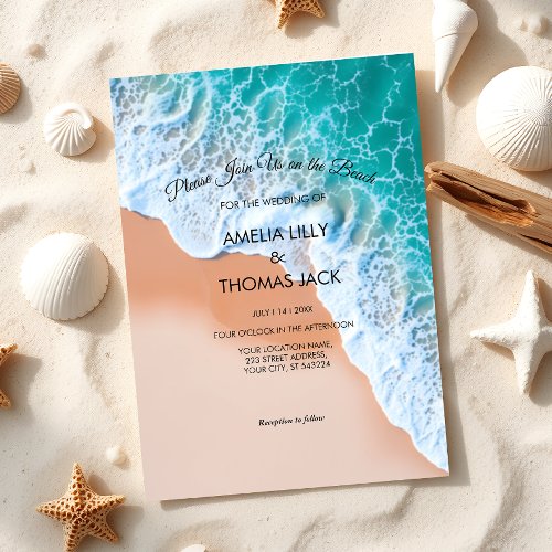 Tropical Ocean Waves Sandy Shore Beach Wedding Invitation