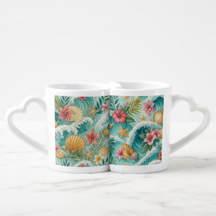 TROPICAL OCEAN WAVES SEASHELLS & HIBISCUS COFFEE MUG SET