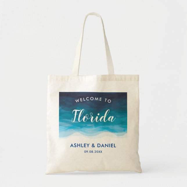 Tropical Ocean Waves Wedding Welcome Bag, Blue Tote Bag (Front)
