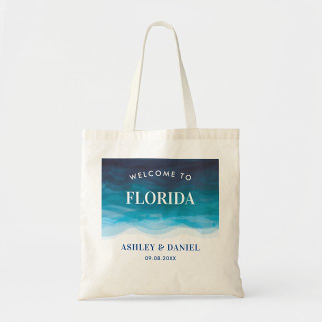 Tropical Ocean Waves Wedding Welcome Bag, Blue Tote Bag (Front)