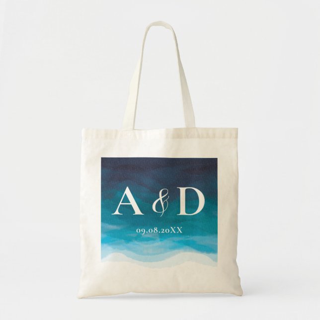 Tropical Ocean Waves Wedding Welcome Bag, Initials Tote Bag (Front)