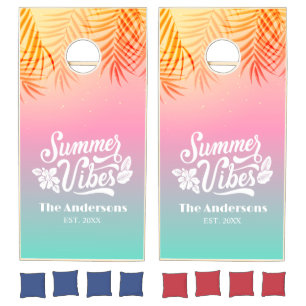 Tropical Ombre Sunrise Summer Vibes Custom Name Cornhole Set