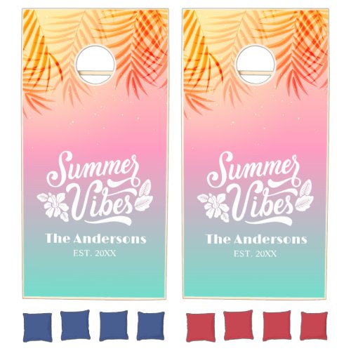 Tropical Ombre Sunrise Summer Vibes Custom Name  Cornhole Set