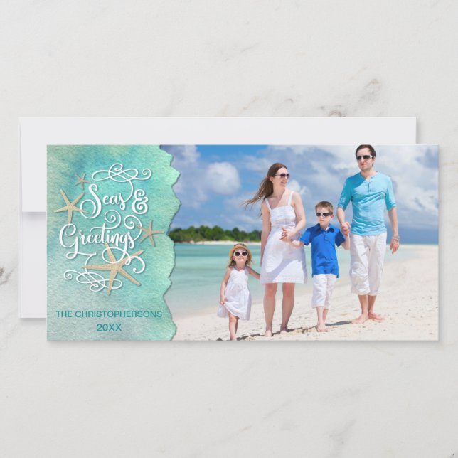 Tropical or Nautical SEAson's Greetings Two Photos Holiday Card (Front)
