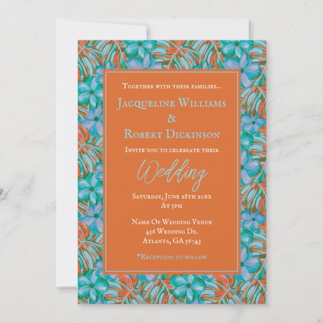 Tropical Orange and Blue Floral Wedding Invitation (Front)