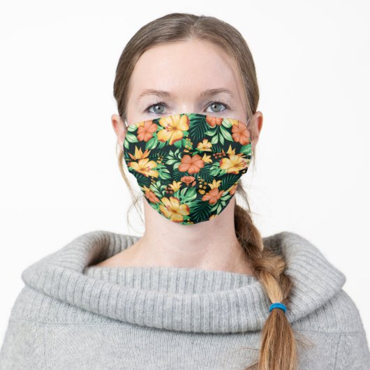 Tropical Orange And Green Flowers Floral Adult Cloth Face Mask (Worn)