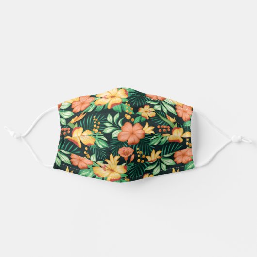 Tropical Orange And Green Flowers Floral Adult Cloth Face Mask (Front, Unfolded)
