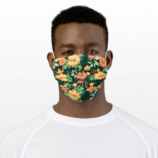 Tropical Orange And Green Flowers Floral Adult Cloth Face Mask (Worn)
