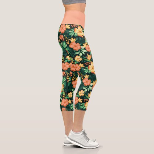 Tropical Orange And Green Flowers Floral Pattern Capri Leggings