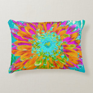Tropical Orange and Hot Pink Decorative Dahlia Accent Pillow