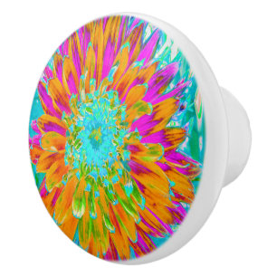 Tropical Orange and Hot Pink Decorative Dahlia Ceramic Knob