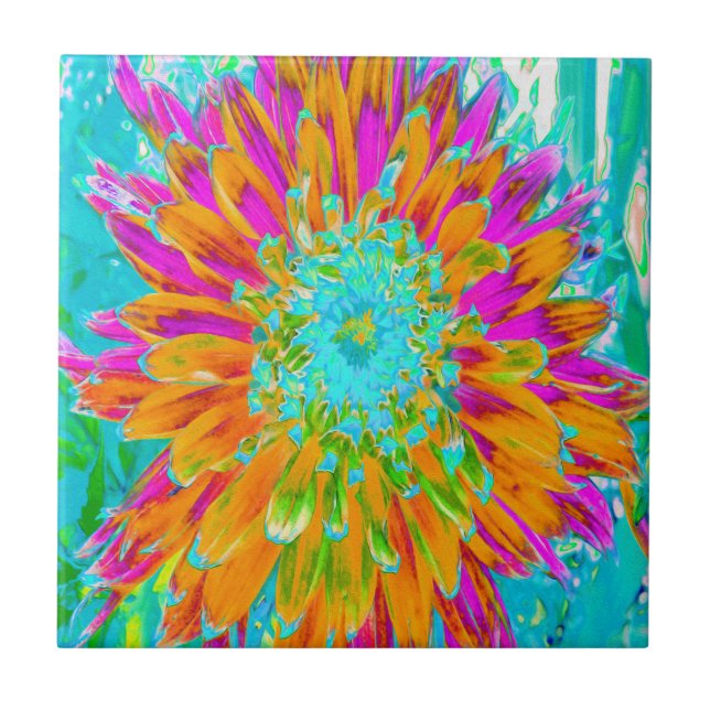 Tropical Orange and Hot Pink Decorative Dahlia Ceramic Tile (Front)