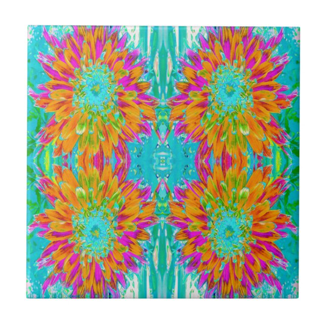 Tropical Orange and Hot Pink Decorative Dahlia Ceramic Tile (Front)