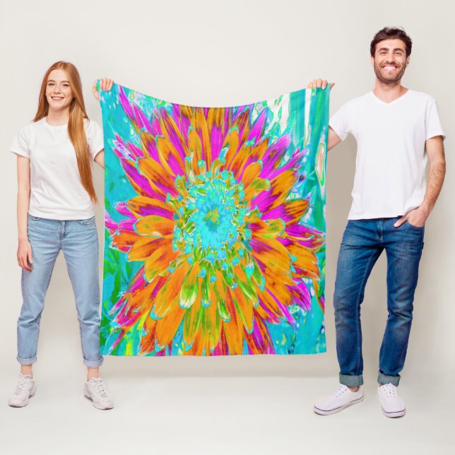 Tropical Orange and Hot Pink Decorative Dahlia Fleece Blanket (In Situ)