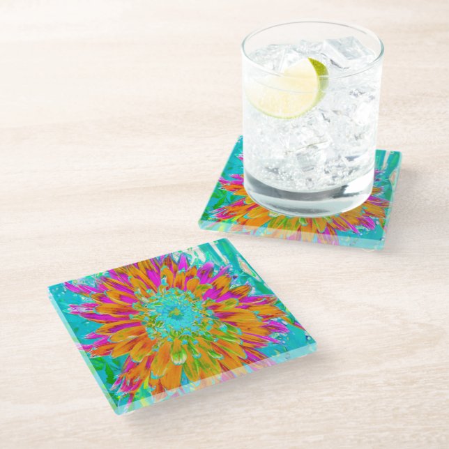 Tropical Orange and Hot Pink Decorative Dahlia Glass Coaster (Angled)