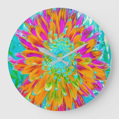 Tropical Orange and Hot Pink Decorative Dahlia Large Clock