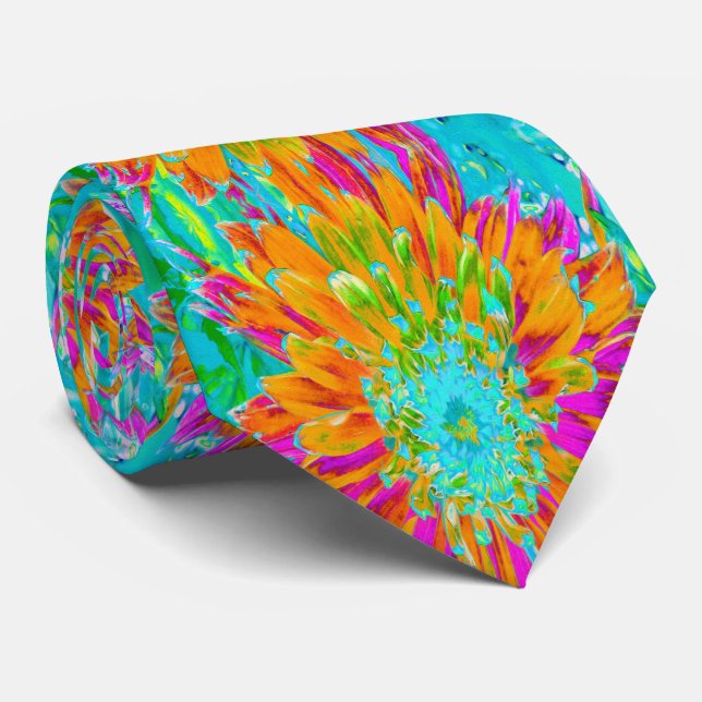 Tropical Orange and Hot Pink Decorative Dahlia Neck Tie (Rolled)