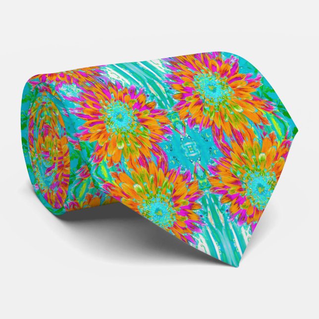 Tropical Orange and Hot Pink Decorative Dahlia Neck Tie (Rolled)