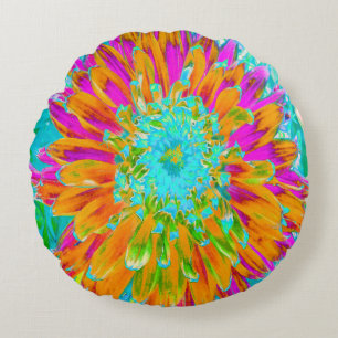 Tropical Orange and Hot Pink Decorative Dahlia Round Pillow
