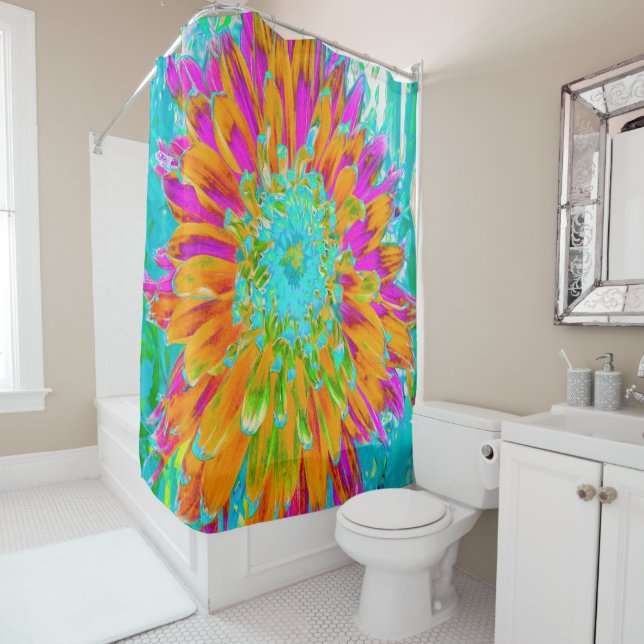 Tropical Orange and Hot Pink Decorative Dahlia Shower Curtain (In Situ)