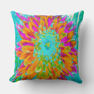 Tropical Orange and Hot Pink Decorative Dahlia Throw Pillow