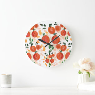 Tropical Orange and Leaves Pattern Large Clock